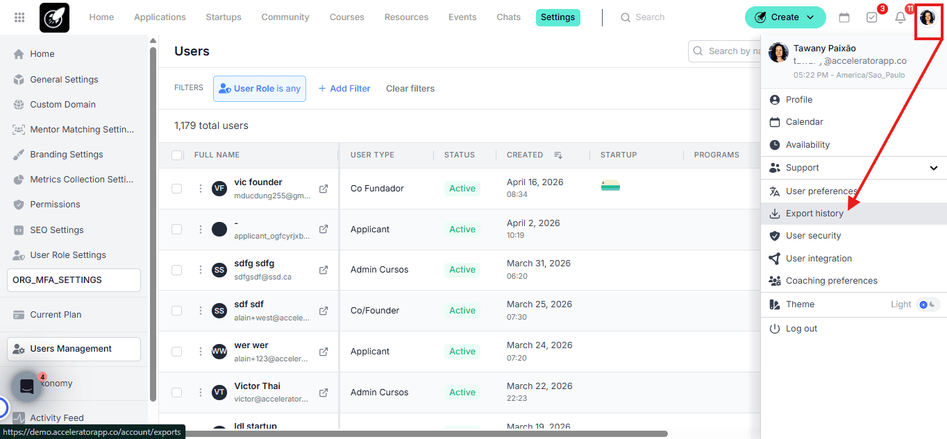 Export History page