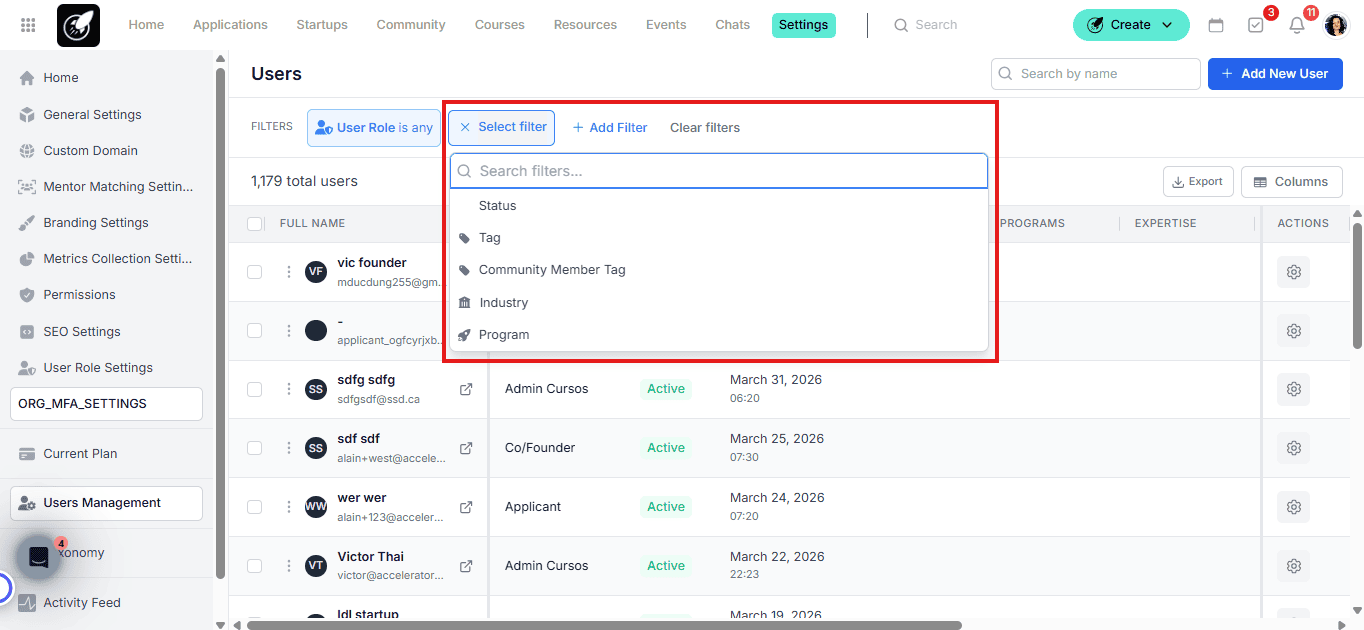 Filters in User Management
