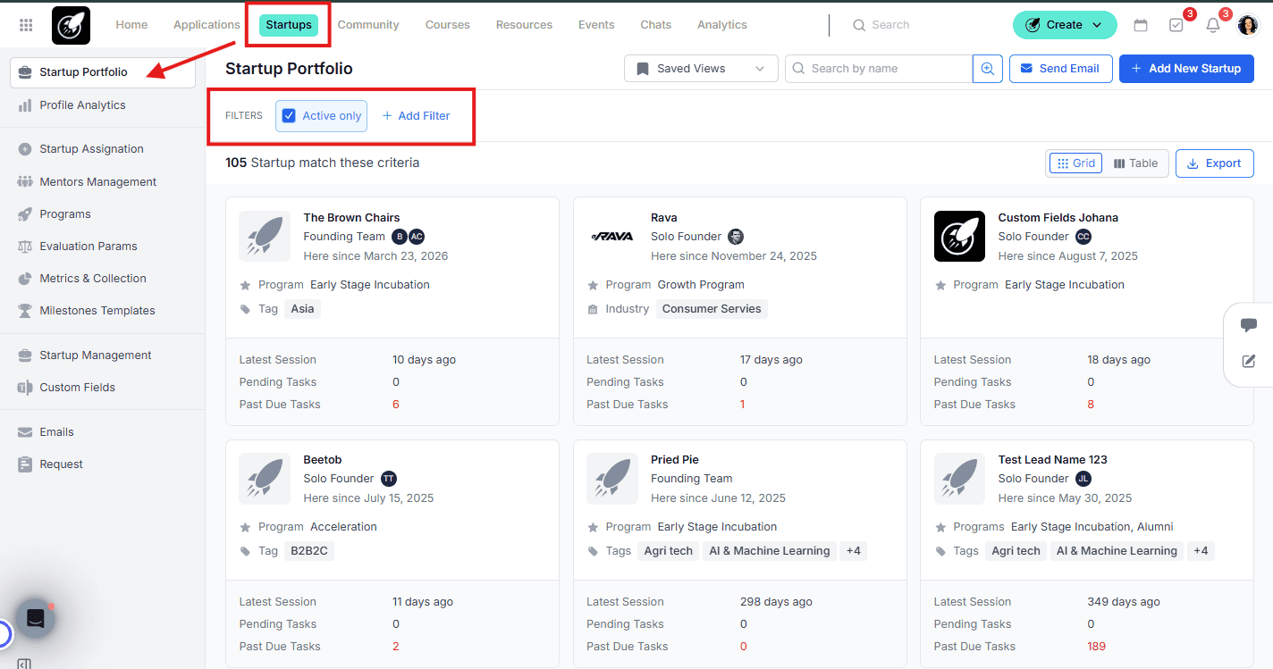 Startup Portfolio filters